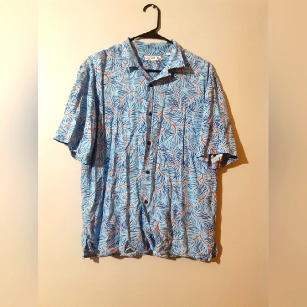 Uniqlo Blue Orange Leaf Print Men's Shirt Shirt Sleeve Buttom Up Men's Size M